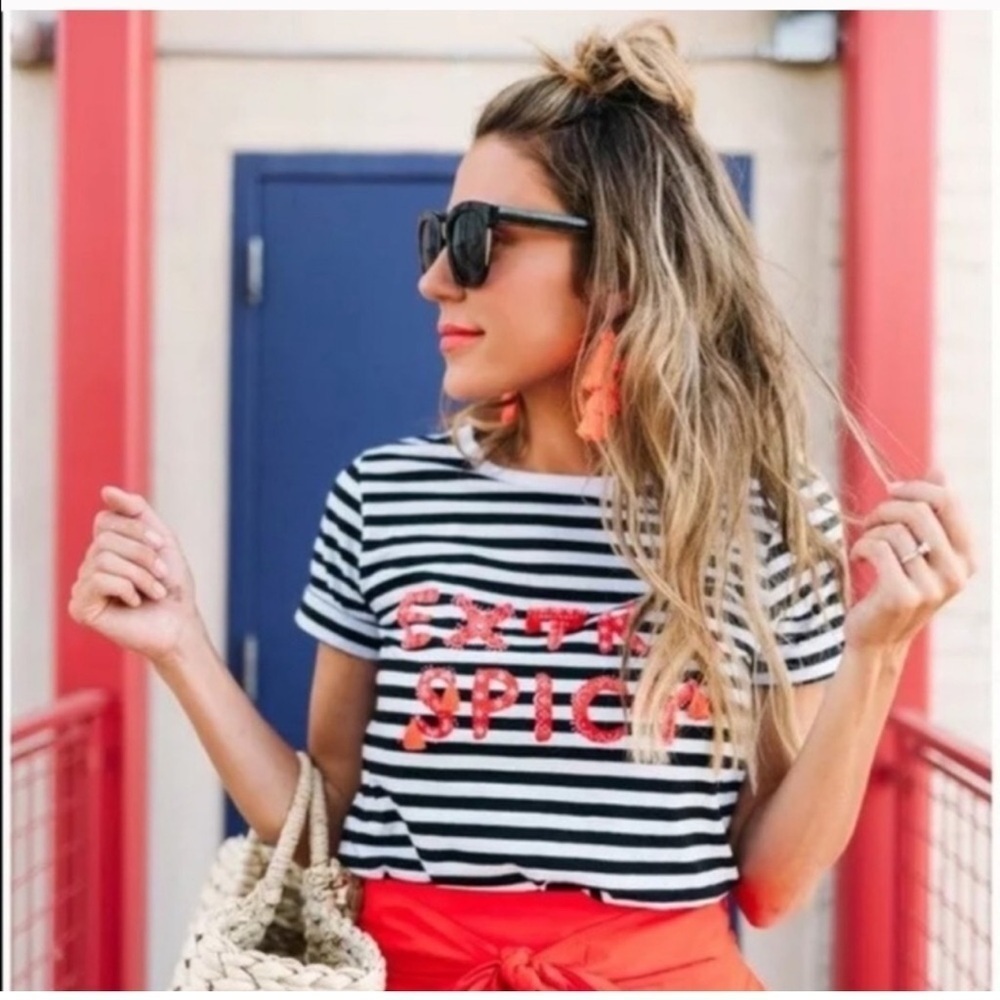 Kate Spade Broome Street Extra Spicy Black White Stripe Tassel Tee Small